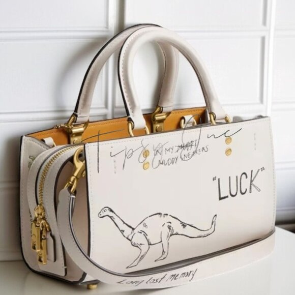 NEW!! Coach Rogue 25 Tote Bag With Dinosaur & Lucky Drawings In Chalk White Leat - Picture 4 of 11